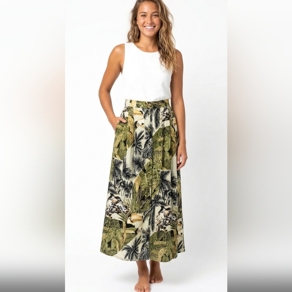 Vintage 100%rayon tropical safari print olive green button down maxi skirt large